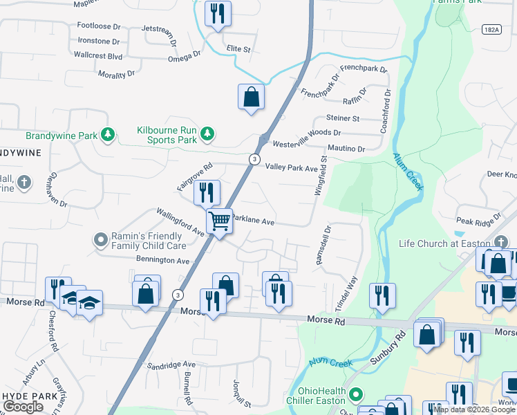 map of restaurants, bars, coffee shops, grocery stores, and more near 3275 Tammery Court in Columbus