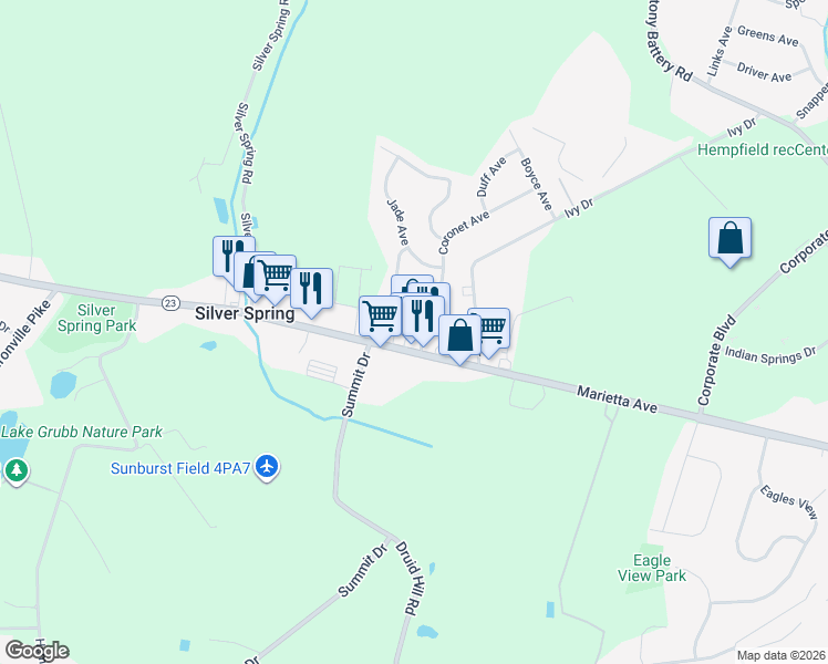 map of restaurants, bars, coffee shops, grocery stores, and more near 3545 Marietta Avenue in Lancaster