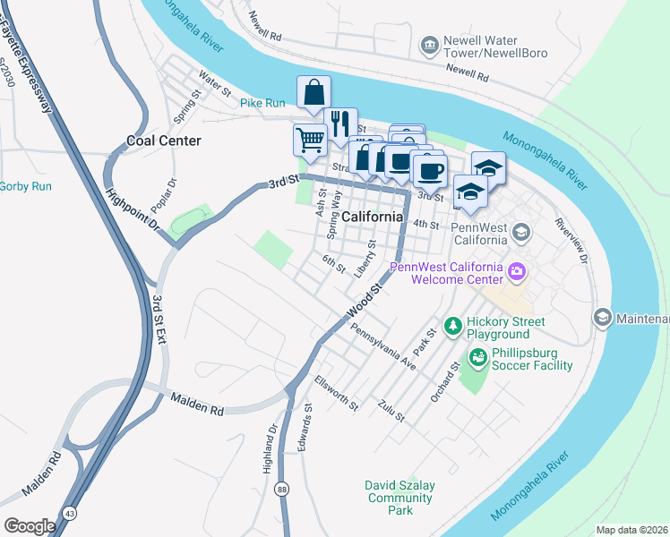 map of restaurants, bars, coffee shops, grocery stores, and more near 233 6th Street in California