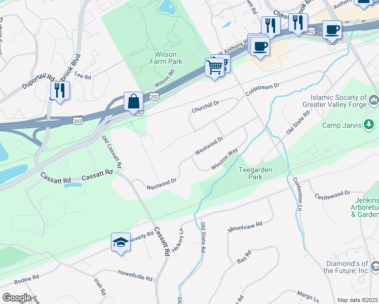 map of restaurants, bars, coffee shops, grocery stores, and more near 595 Westwind Drive in Berwyn