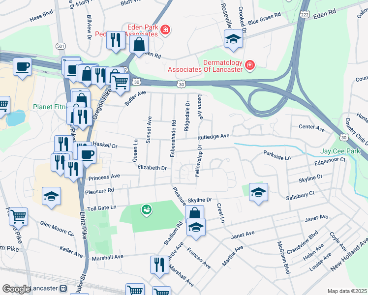 map of restaurants, bars, coffee shops, grocery stores, and more near 415 Friendship Avenue in Lancaster