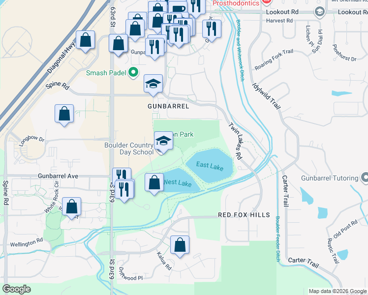 map of restaurants, bars, coffee shops, grocery stores, and more near 6505 Nautilus Court North in Boulder