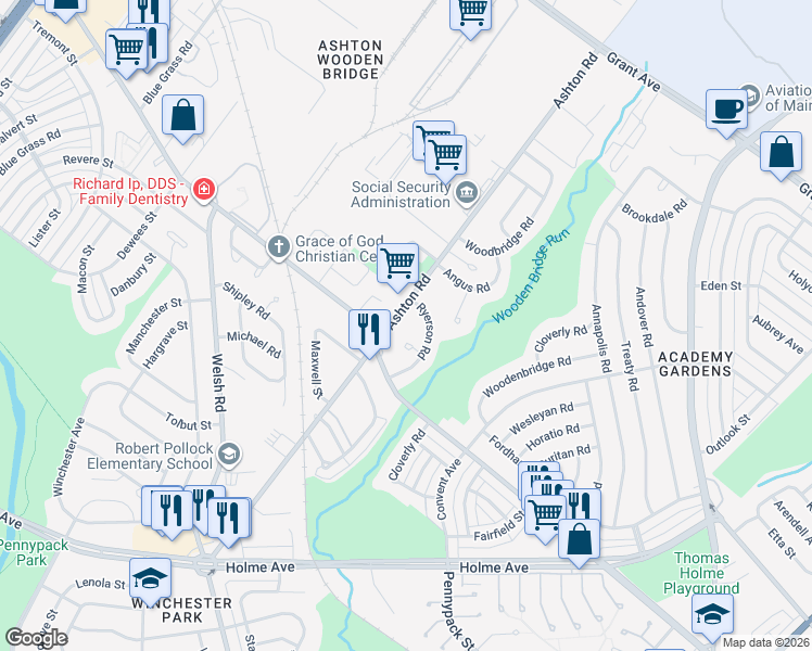 map of restaurants, bars, coffee shops, grocery stores, and more near 9131 Ashton Road in Philadelphia