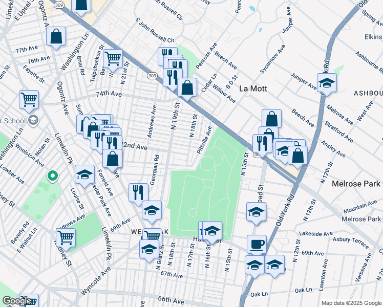 map of restaurants, bars, coffee shops, grocery stores, and more near 7183 North 18th Street in Philadelphia