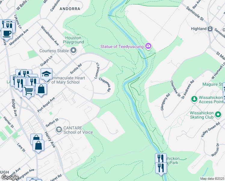 map of restaurants, bars, coffee shops, grocery stores, and more near 8424 Chippewa Road in Philadelphia