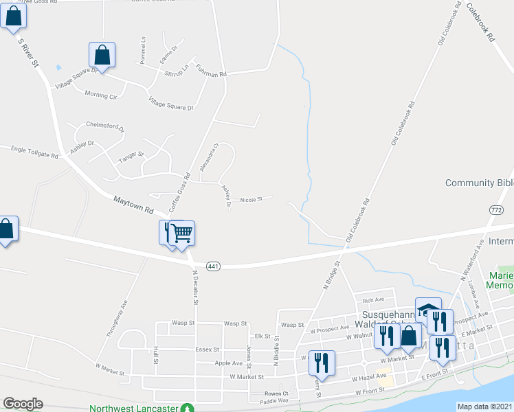 map of restaurants, bars, coffee shops, grocery stores, and more near 143 Nicole Street in Marietta