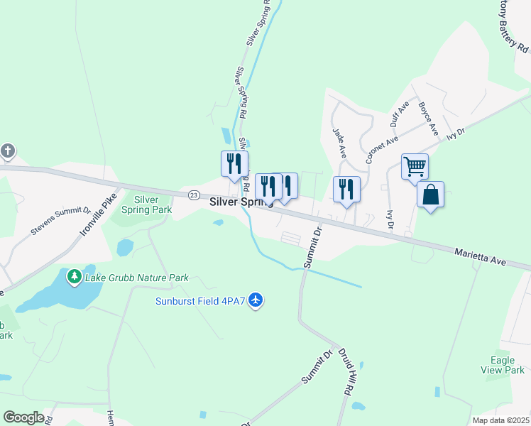 map of restaurants, bars, coffee shops, grocery stores, and more near 3672 Marietta Avenue in Lancaster