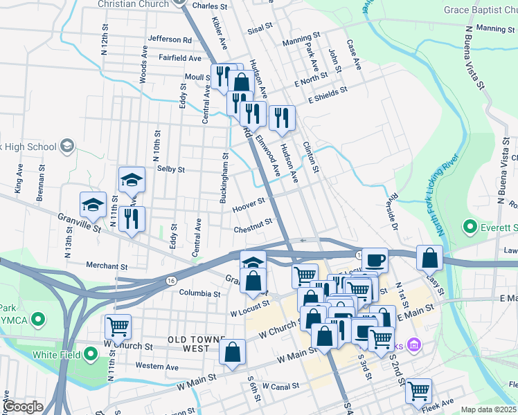 map of restaurants, bars, coffee shops, grocery stores, and more near 63 Hoover Street in Newark