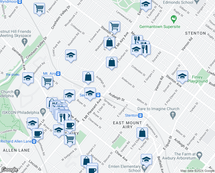 map of restaurants, bars, coffee shops, grocery stores, and more near 423 East Mount Pleasant Avenue in Philadelphia