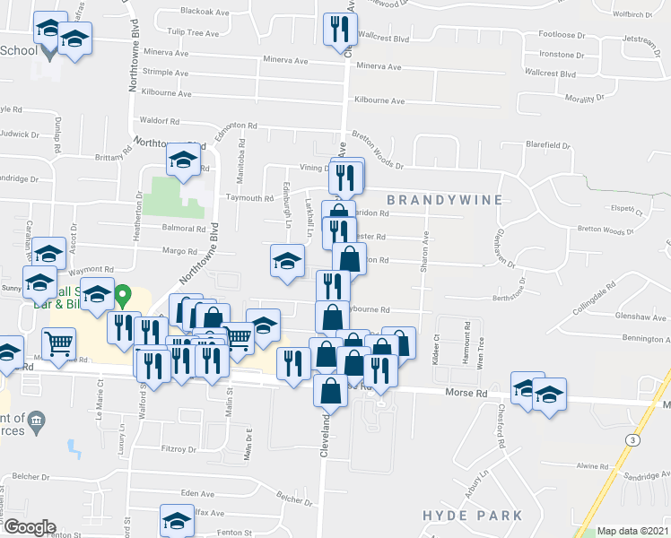map of restaurants, bars, coffee shops, grocery stores, and more near 4625 Cleveland Avenue in Columbus