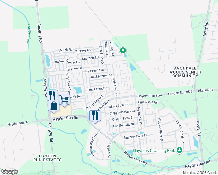 map of restaurants, bars, coffee shops, grocery stores, and more near 5556 Tygart Valley Drive in Dublin