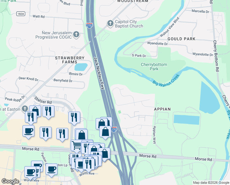 map of restaurants, bars, coffee shops, grocery stores, and more near 4138 Portobello Drive in Gahanna