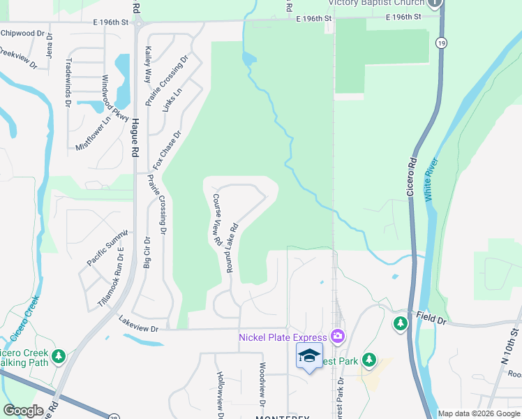 map of restaurants, bars, coffee shops, grocery stores, and more near 18998 Round Lake Road in Noblesville