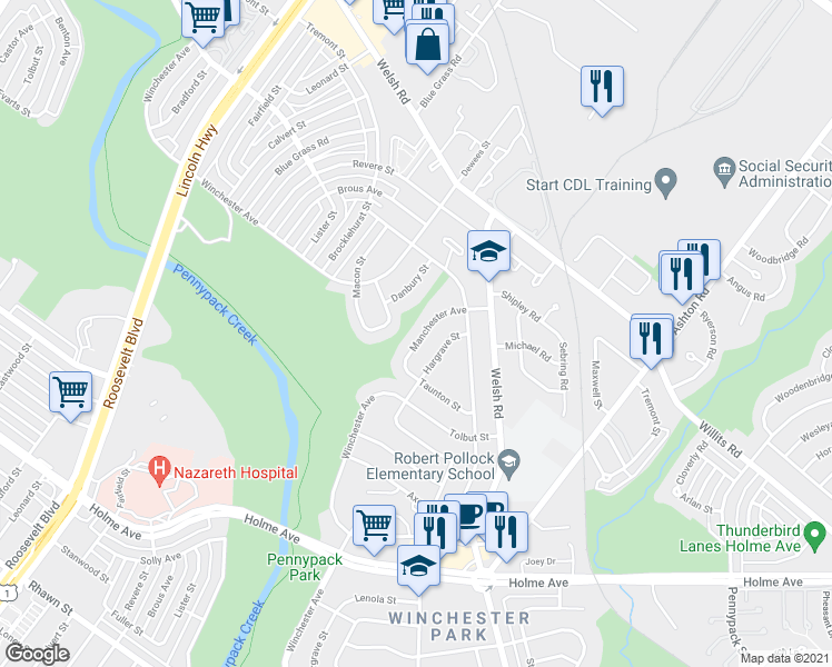 map of restaurants, bars, coffee shops, grocery stores, and more near 8830 Manchester Avenue in Philadelphia