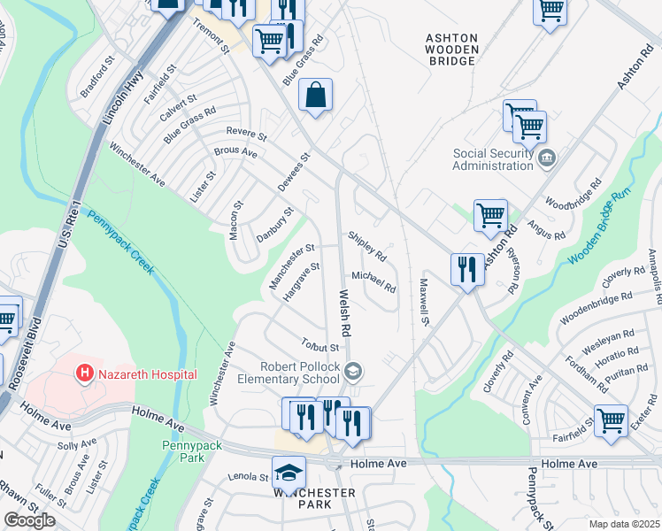 map of restaurants, bars, coffee shops, grocery stores, and more near 2800 Welsh Road in Philadelphia