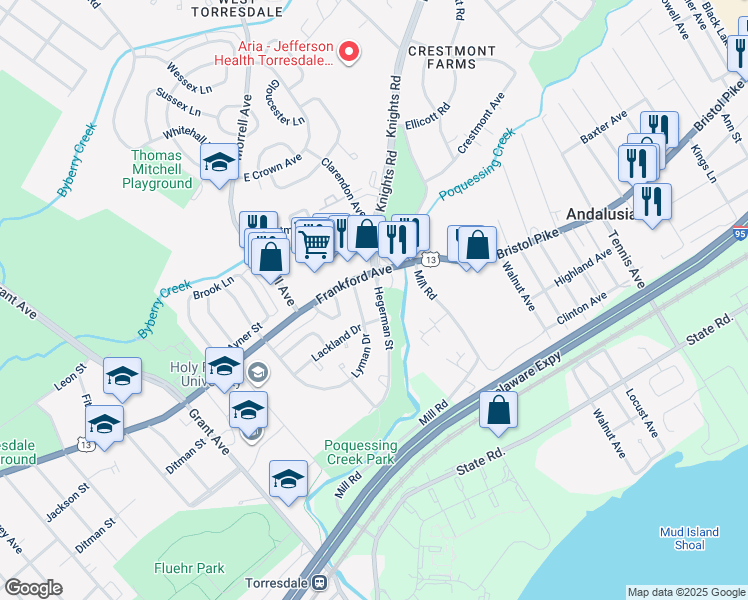 map of restaurants, bars, coffee shops, grocery stores, and more near 10014 Hegerman Street in Philadelphia