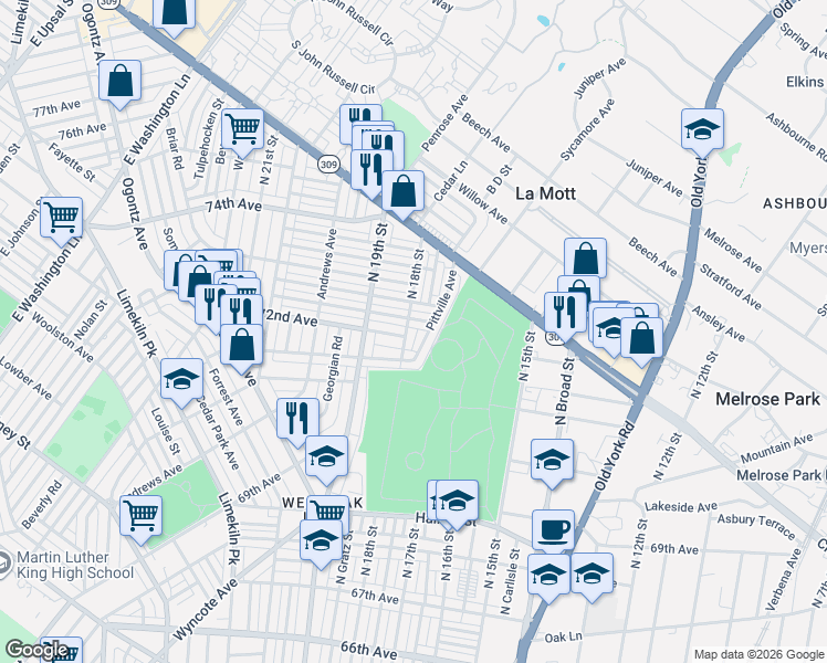 map of restaurants, bars, coffee shops, grocery stores, and more near 7222 Pittville Avenue in Philadelphia