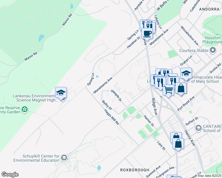map of restaurants, bars, coffee shops, grocery stores, and more near 8653 Steeple Drive in Philadelphia