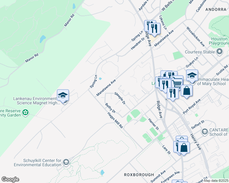 map of restaurants, bars, coffee shops, grocery stores, and more near 8653 Steeple Drive in Philadelphia
