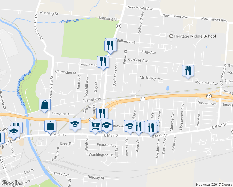 map of restaurants, bars, coffee shops, grocery stores, and more near 415 East Indiana Street in Newark