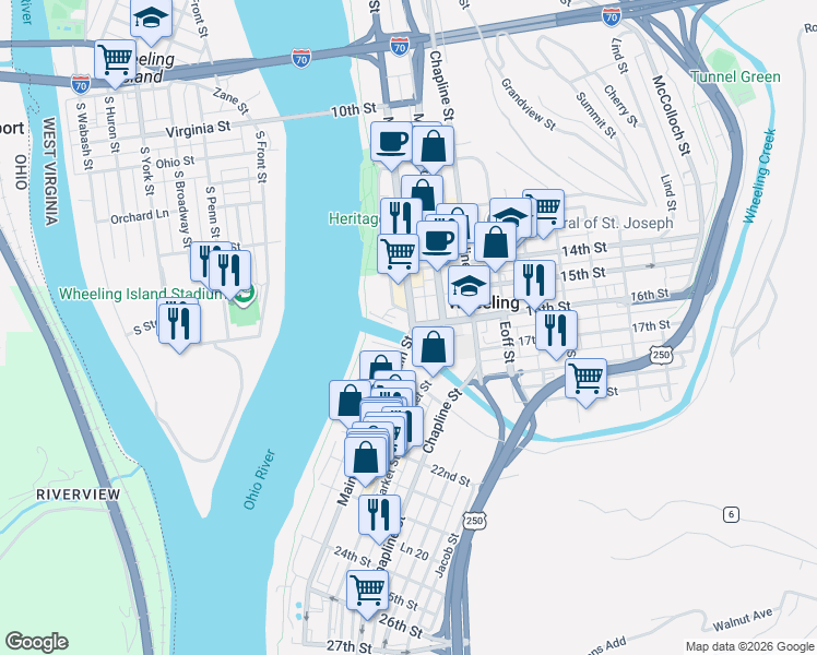 map of restaurants, bars, coffee shops, grocery stores, and more near 1601 Main Street in Wheeling