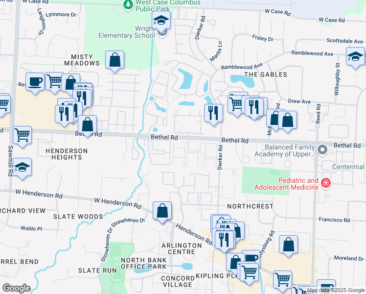 map of restaurants, bars, coffee shops, grocery stores, and more near 2291 Hedgerow Road in Columbus