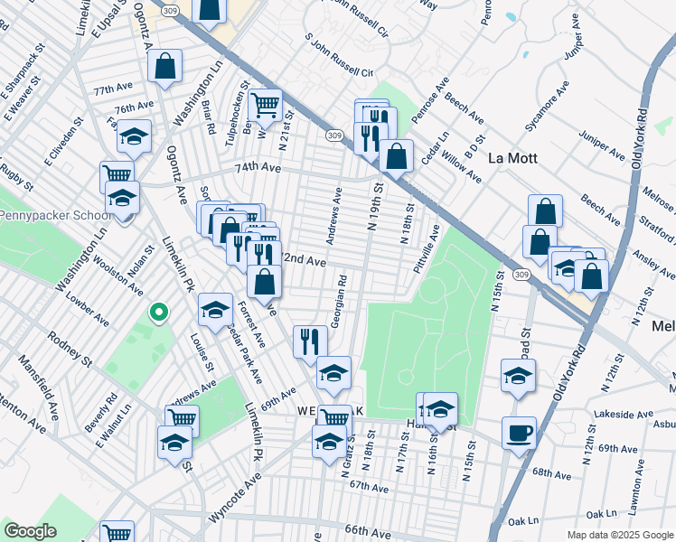 map of restaurants, bars, coffee shops, grocery stores, and more near 7178 Georgian Road in Philadelphia