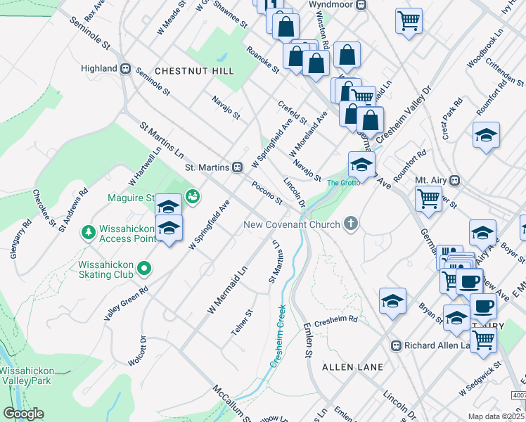 map of restaurants, bars, coffee shops, grocery stores, and more near 7725 Saint Martins Lane in Philadelphia