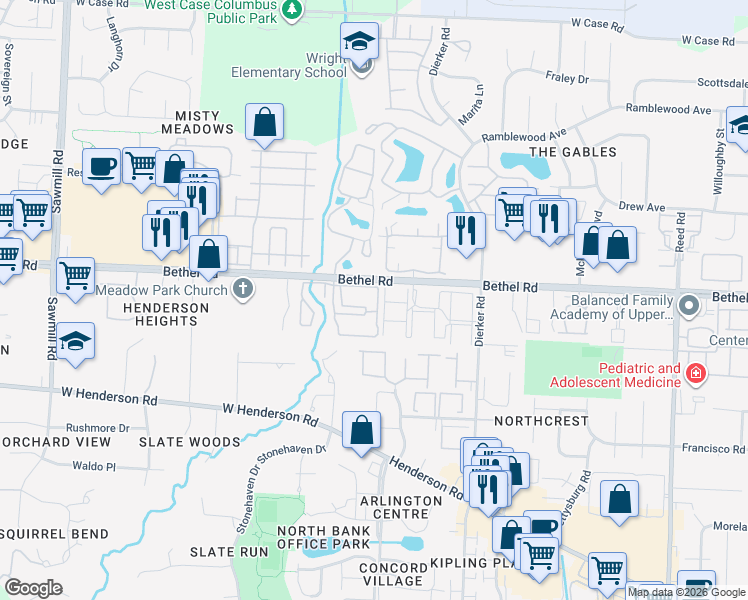 map of restaurants, bars, coffee shops, grocery stores, and more near 2279 Hedgerow Road in Columbus