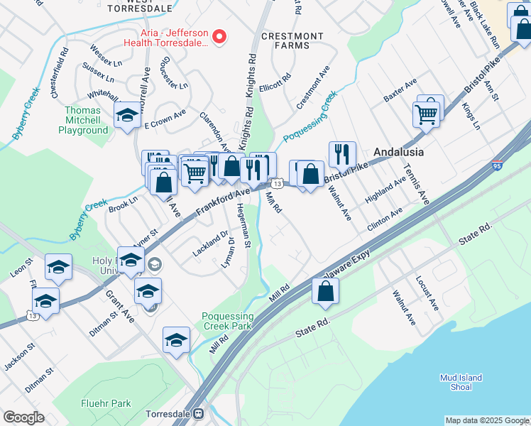 map of restaurants, bars, coffee shops, grocery stores, and more near 466 Robinson Avenue in Bensalem