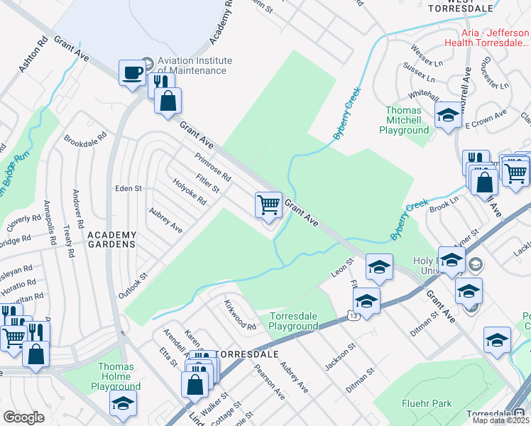 map of restaurants, bars, coffee shops, grocery stores, and more near 9253 Fordham Road in Philadelphia