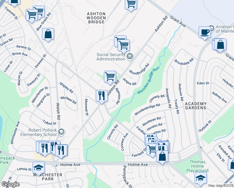 map of restaurants, bars, coffee shops, grocery stores, and more near 9166 Ryerson Road in Philadelphia
