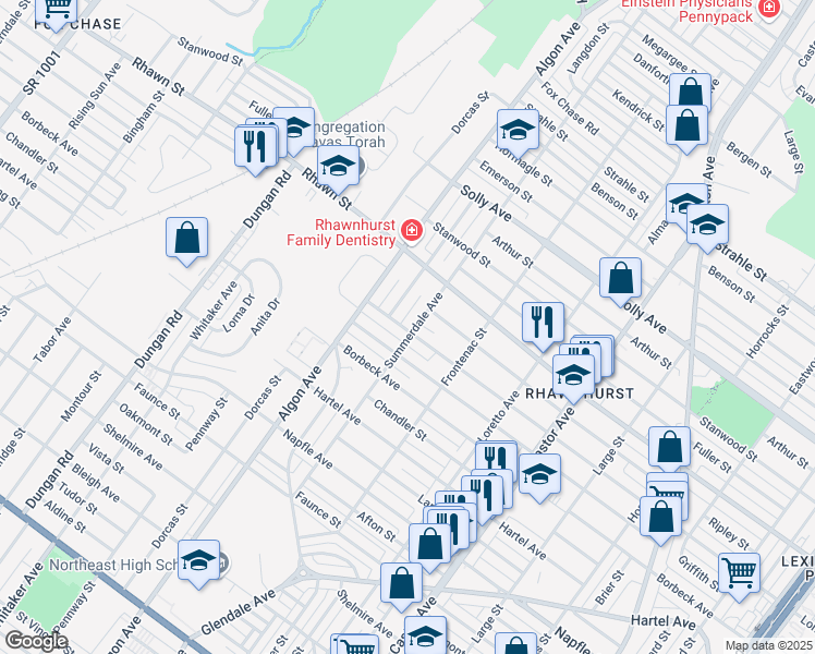 map of restaurants, bars, coffee shops, grocery stores, and more near 1634 Loney Street in Philadelphia