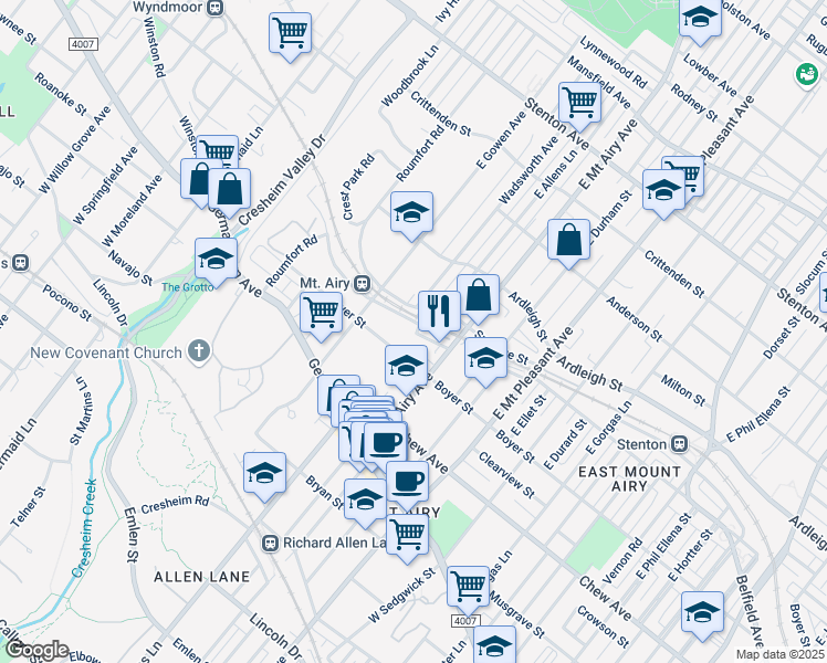 map of restaurants, bars, coffee shops, grocery stores, and more near 7240 Devon Street in Philadelphia
