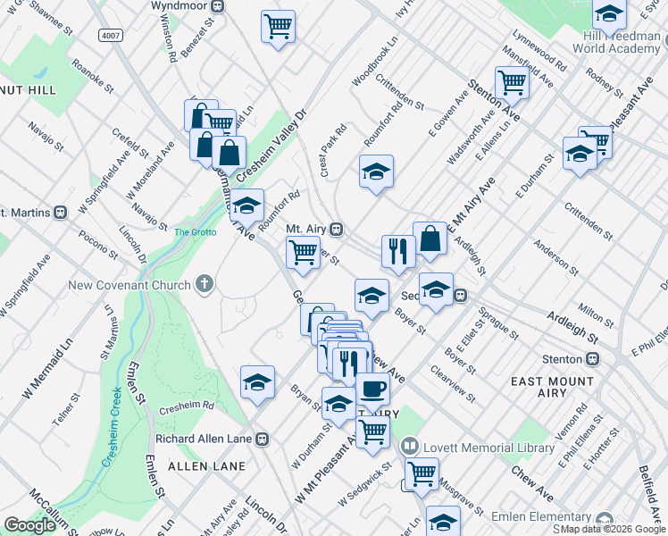 map of restaurants, bars, coffee shops, grocery stores, and more near 26 East Gowen Avenue in Philadelphia