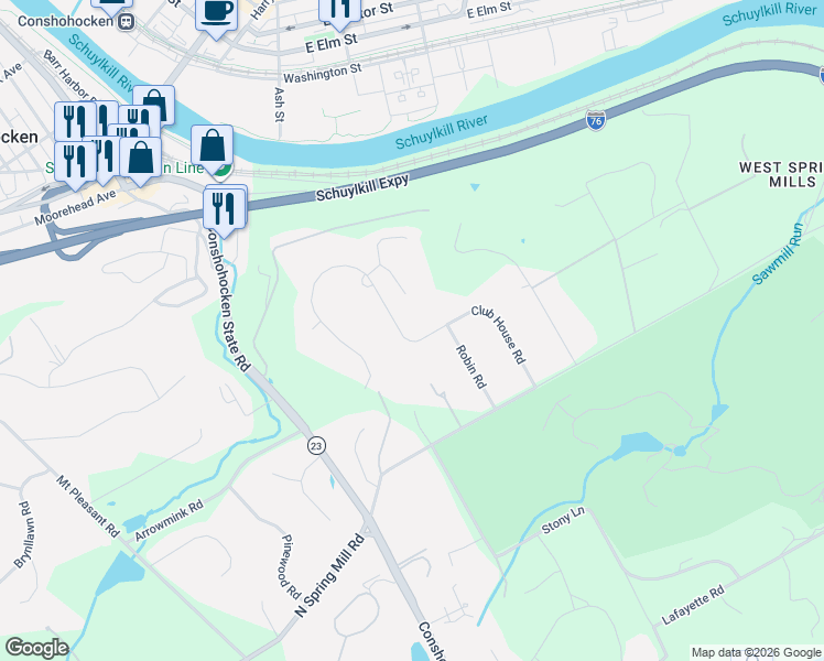map of restaurants, bars, coffee shops, grocery stores, and more near 1222 Club House Road in Gladwyne