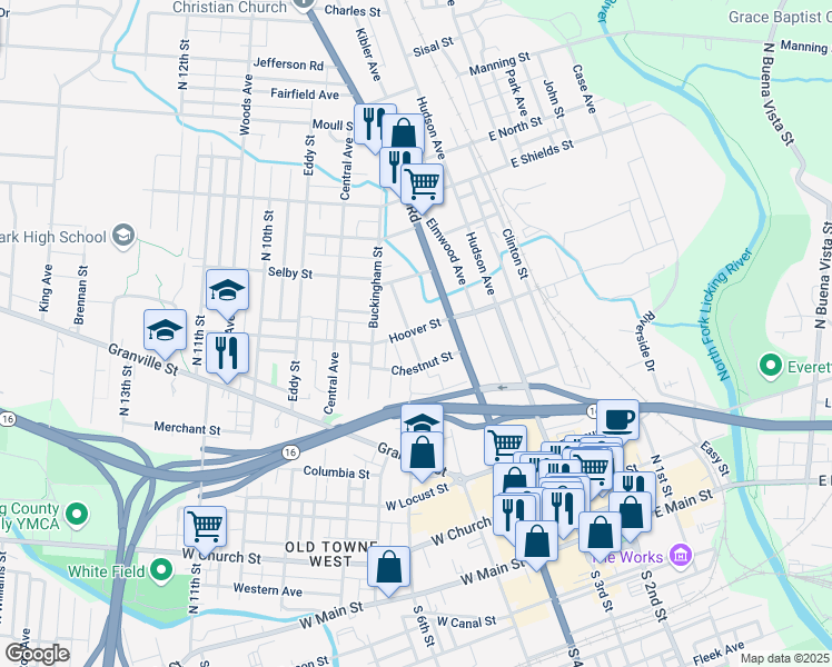 map of restaurants, bars, coffee shops, grocery stores, and more near 63 Hoover Street in Newark