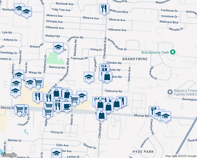 map of restaurants, bars, coffee shops, grocery stores, and more near 4625 Grovedale Court in Columbus