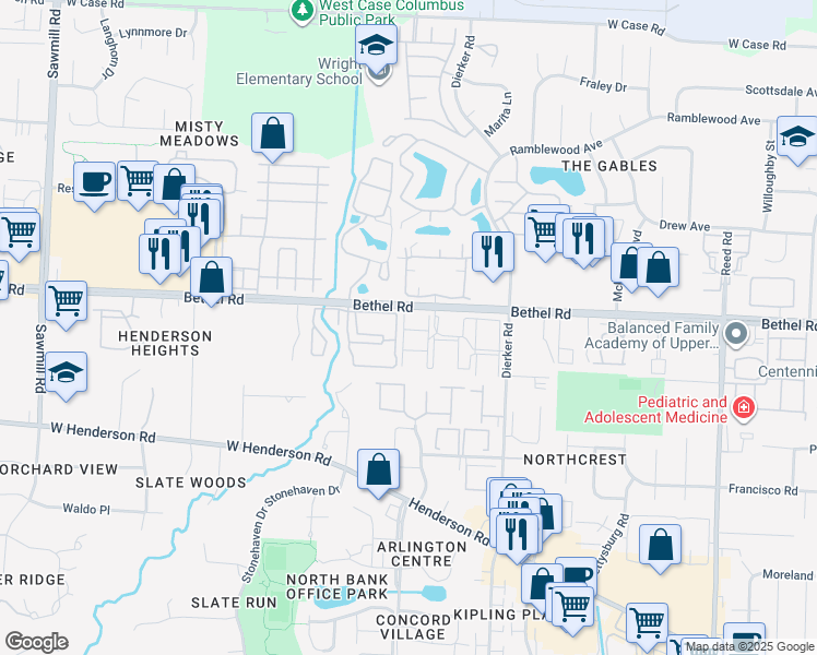 map of restaurants, bars, coffee shops, grocery stores, and more near 2279 Hedgerow Road in Columbus