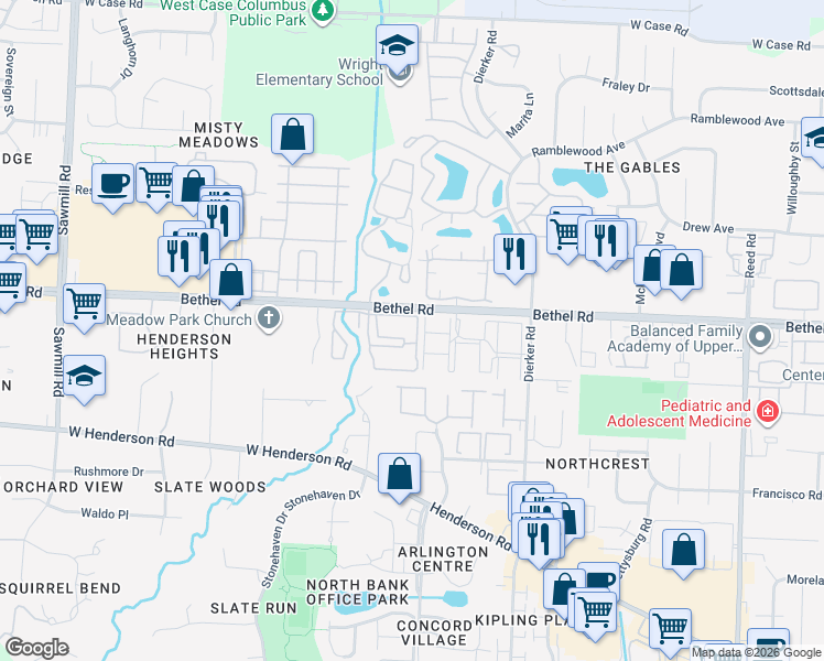 map of restaurants, bars, coffee shops, grocery stores, and more near 2279 Hedgerow Road in Columbus
