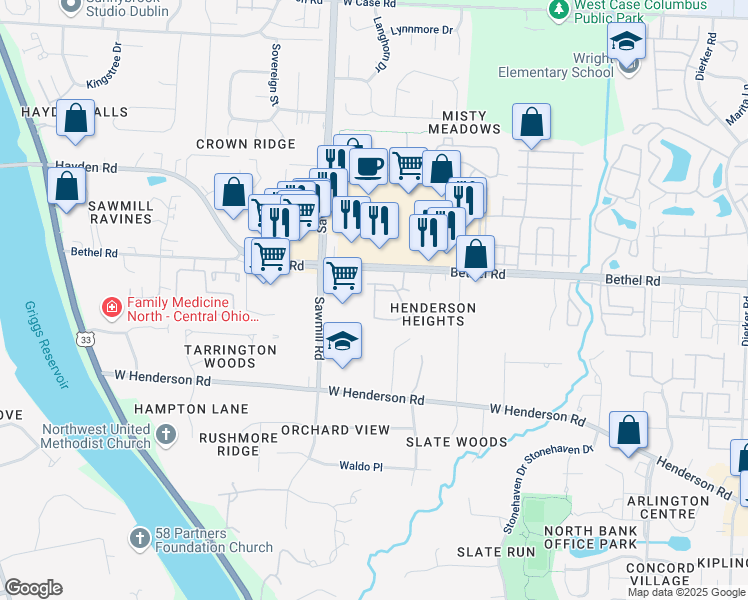 map of restaurants, bars, coffee shops, grocery stores, and more near 5345 Stonemeadow Avenue in Columbus