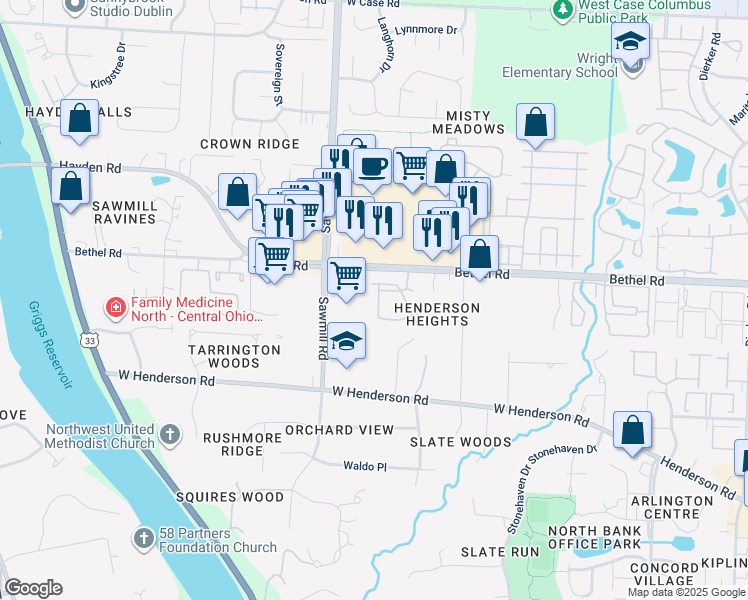 map of restaurants, bars, coffee shops, grocery stores, and more near 5345 Stonemeadow Avenue in Columbus