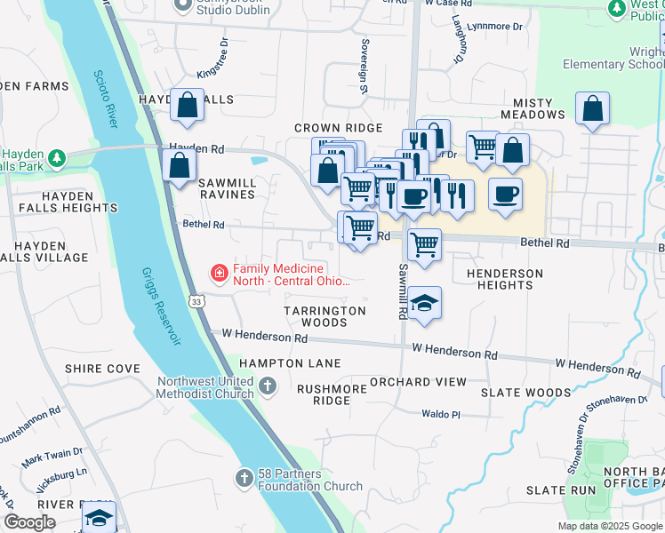 map of restaurants, bars, coffee shops, grocery stores, and more near 5307 Shiloh Drive in Columbus