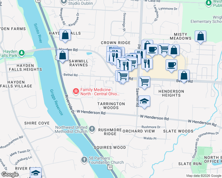 map of restaurants, bars, coffee shops, grocery stores, and more near 5307 Shiloh Drive in Columbus