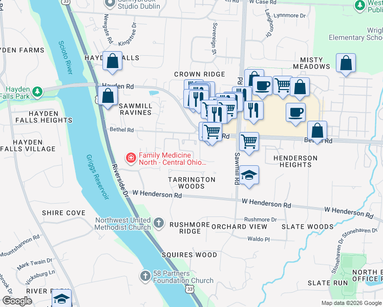 map of restaurants, bars, coffee shops, grocery stores, and more near 5307 Shiloh Drive in Columbus