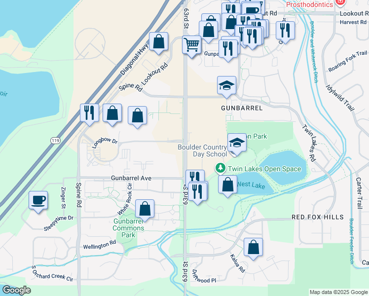map of restaurants, bars, coffee shops, grocery stores, and more near 4833 63rd Street in Boulder