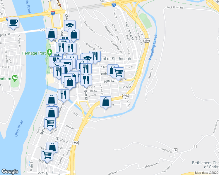 map of restaurants, bars, coffee shops, grocery stores, and more near 115 17th Street in Wheeling