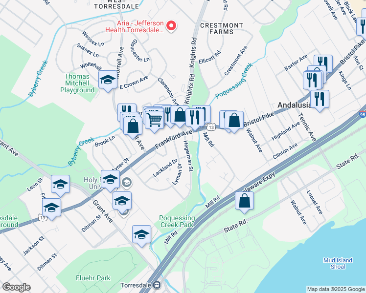 map of restaurants, bars, coffee shops, grocery stores, and more near 10016 Hegerman Street in Philadelphia