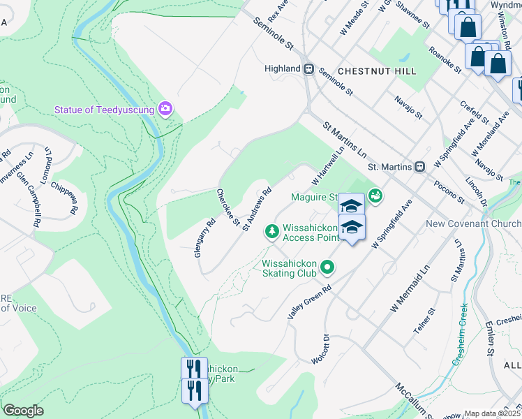 map of restaurants, bars, coffee shops, grocery stores, and more near 624 Saint Andrews Road in Philadelphia