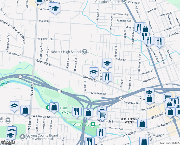 map of restaurants, bars, coffee shops, grocery stores, and more near 342 Granville Street in Newark